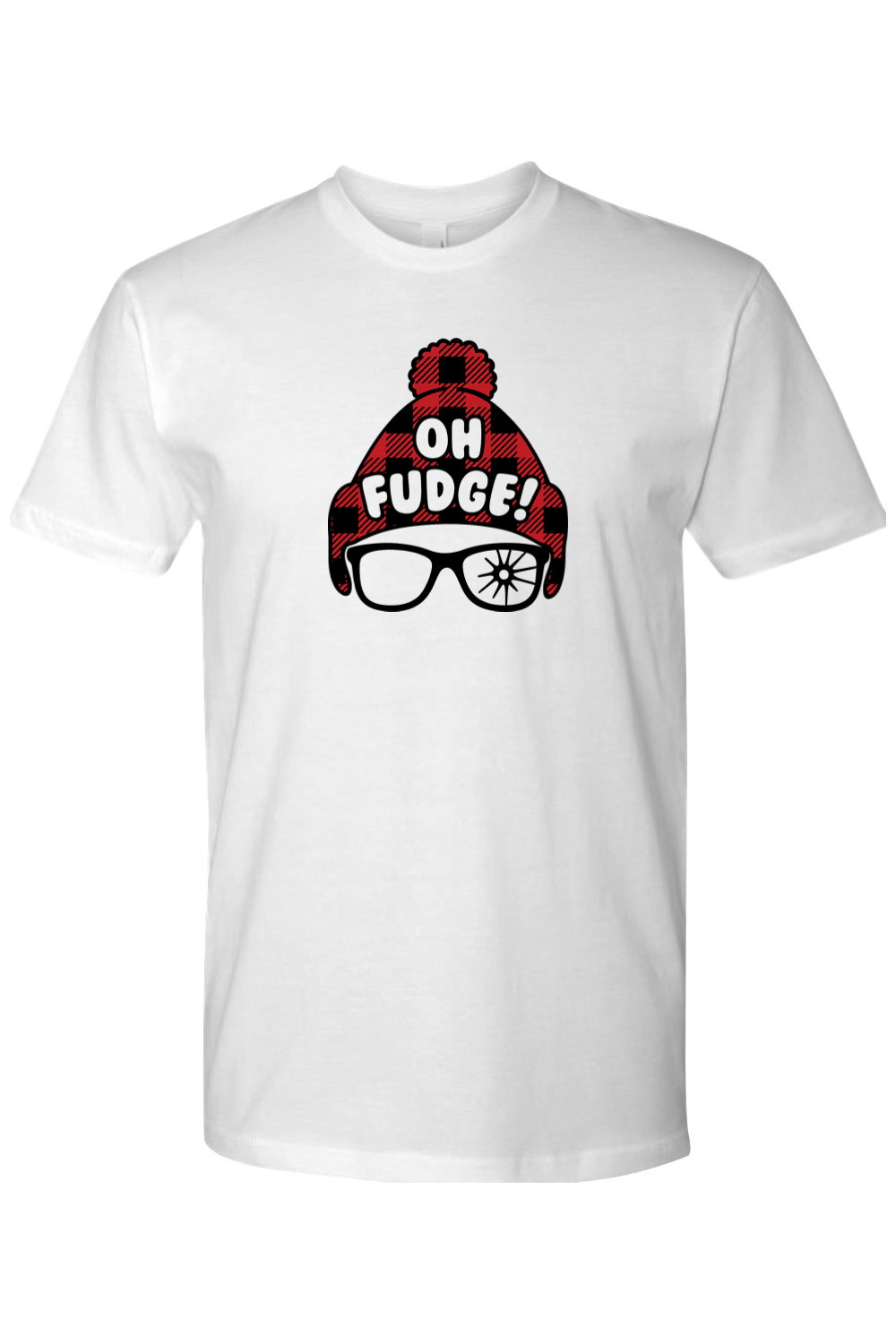 White Christmas t-shirt with "Oh Fudge!" text and a plaid hat and broken glasses design funny holiday humor short sleeve shirt