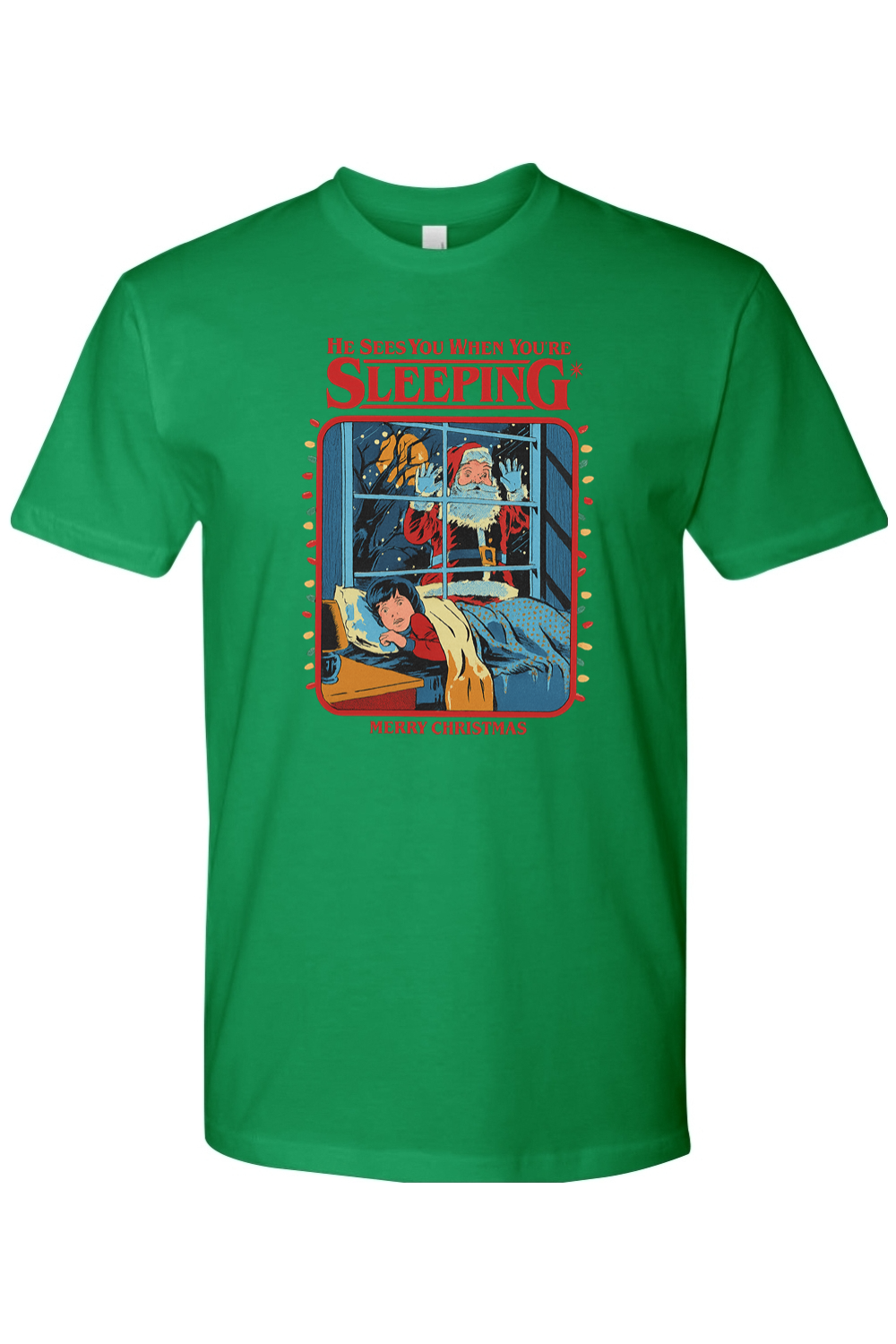 Green Christmas t-shirt with "He Sees You When You're Sleeping. Merry Christmas" text with Santa peaking through a window design funny sarcastic holiday humor short sleeve shirt