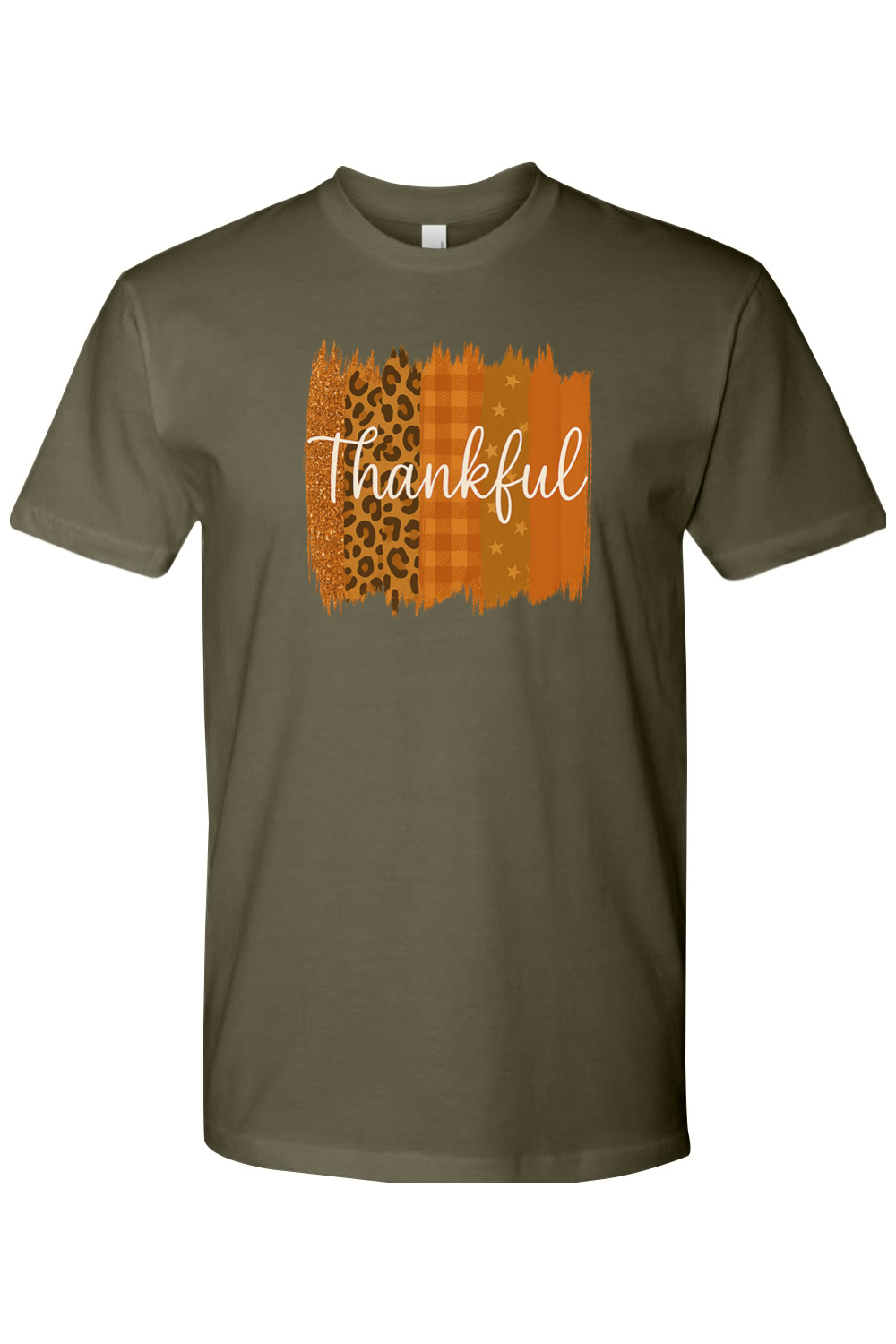 Olive green Thanksgiving t-shirt with "Thankful" text and patchwork leopard print, plaid, stars design trendy cute girly fall holiday short sleeve shirt
