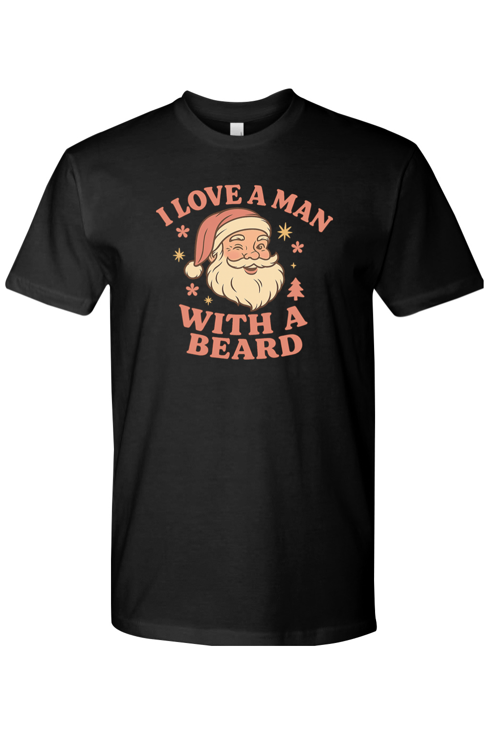 Black Christmas t-shirt with "I Love A Man With A Beard" text in pink with Santa flowers stars and pine tree design cute women's trendy holiday short sleeve shirt