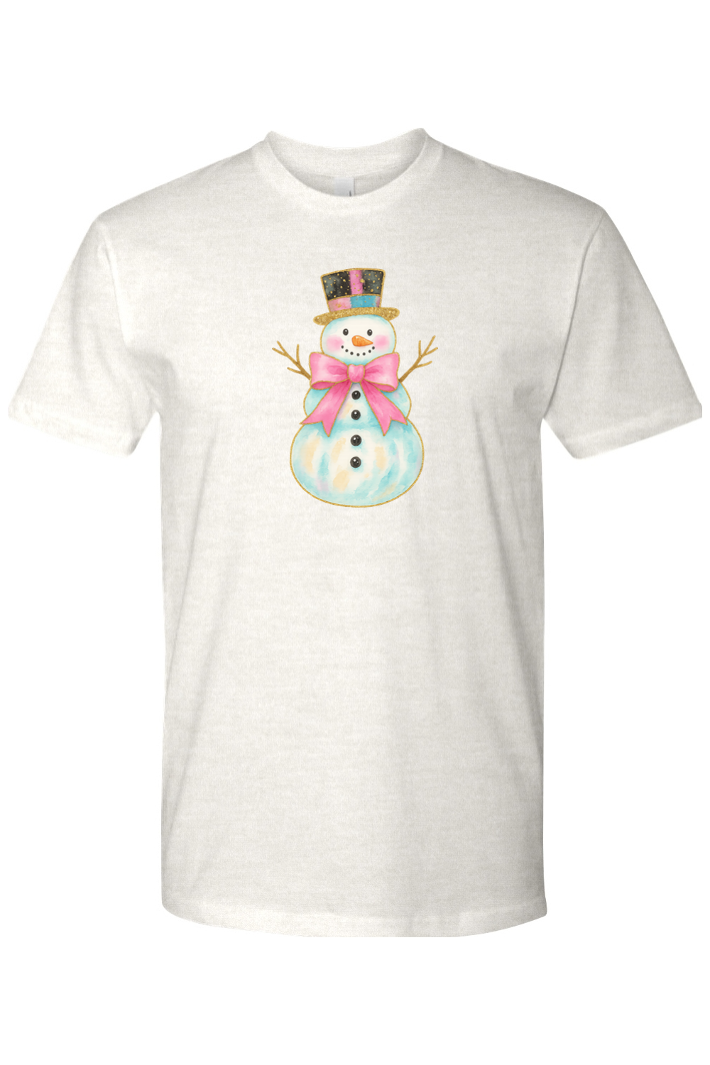 Light beige Christmas t-shirt with a watercolor snowman in a pink bow and top hat design cute girly festive holiday short sleeve shirt
