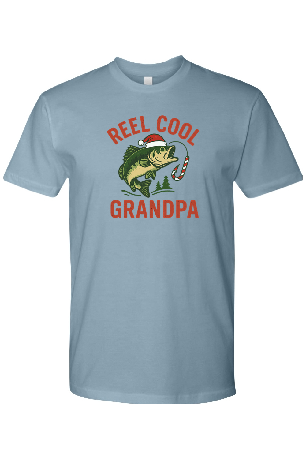 Blue Christmas t-shirt with "Reel Cool Grandpa" text in red with a fish in a Santa hat design and candy cane hook design festive fishing grandparent grandfather holiday short sleeve shirt