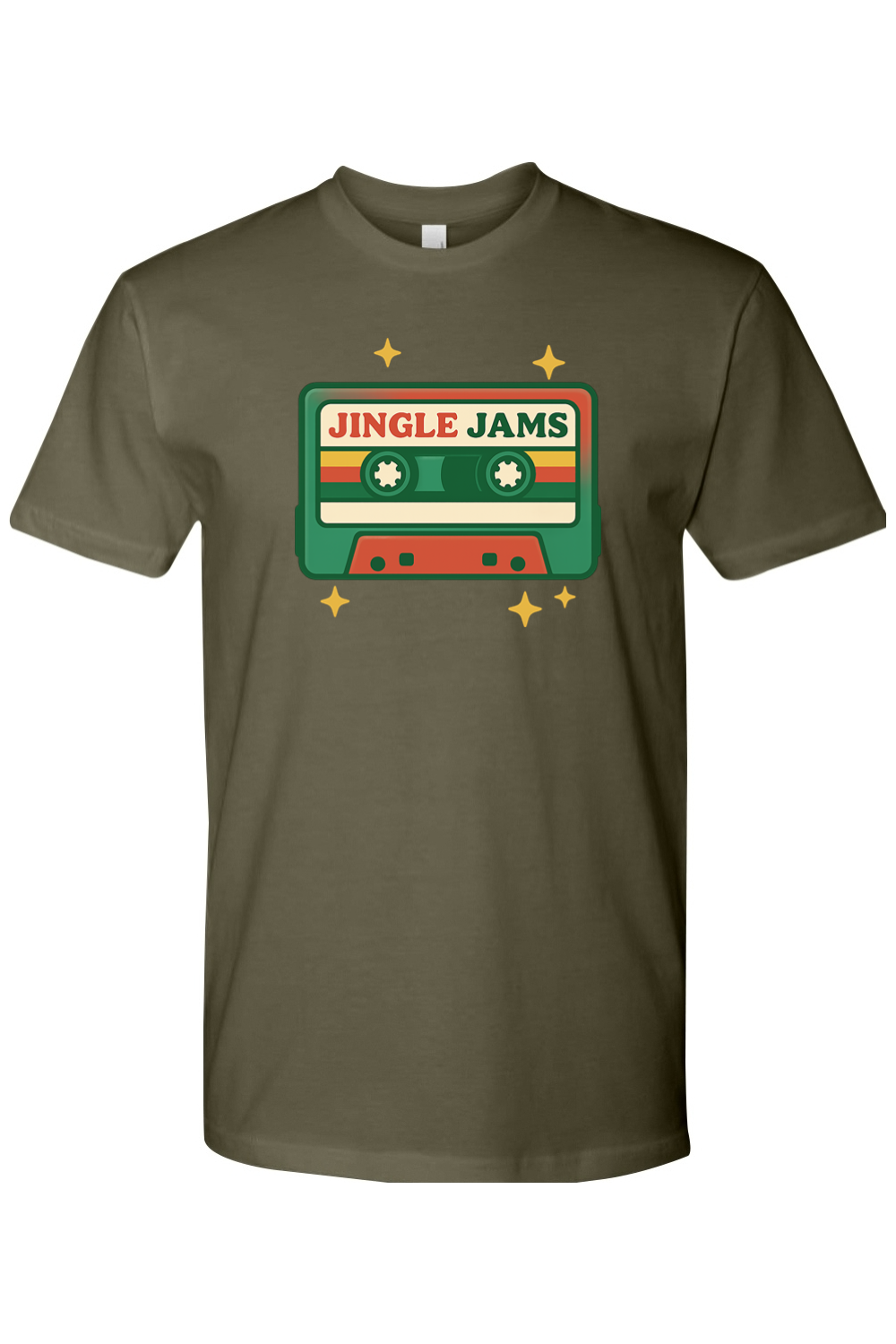 Dark olive green vintage Christmas t-shirt with "Jingle Jams" text inside a cassette tape retro trendy holiday short sleeve shirt