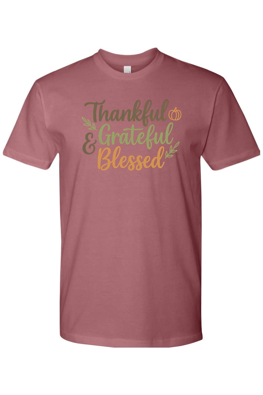 Mauve dark pink Thanksgiving t-shirt with "Thankful Grateful & Blessed" text with leaves and pumpkin design cute trendy fall holiday short sleeve shirt