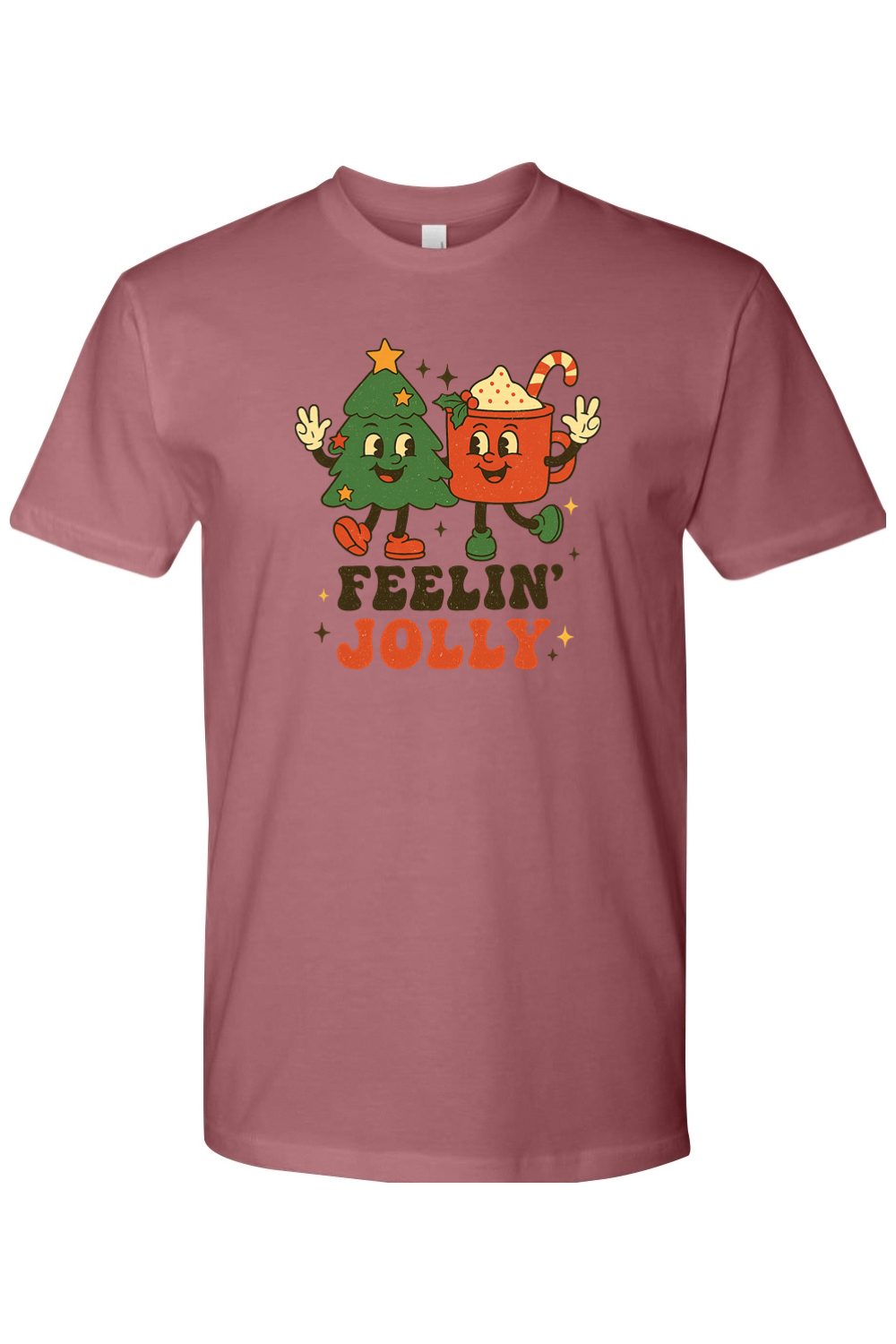 Mauve dark pink Feeling Jolly text with retro Christmas Tree and Hot Cocoa design t-shirt cute trendy holiday short sleeve shirt