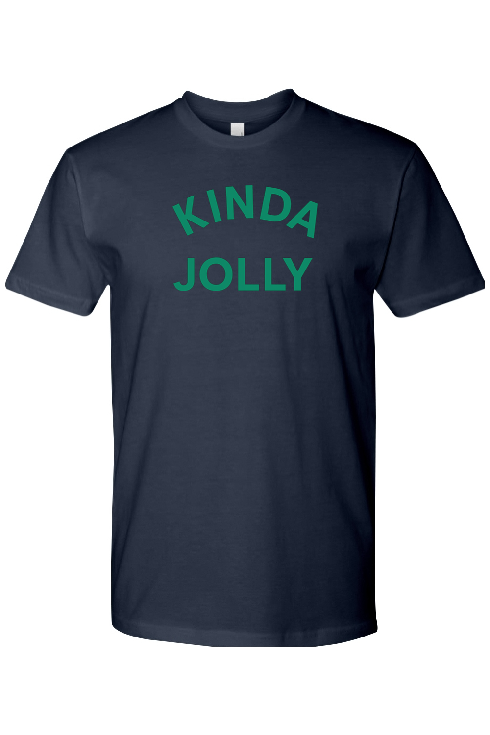 Navy blue Christmas t-shirt with "Kinda Jolly" text in green funny sarcastic holiday humor short sleeve shirt