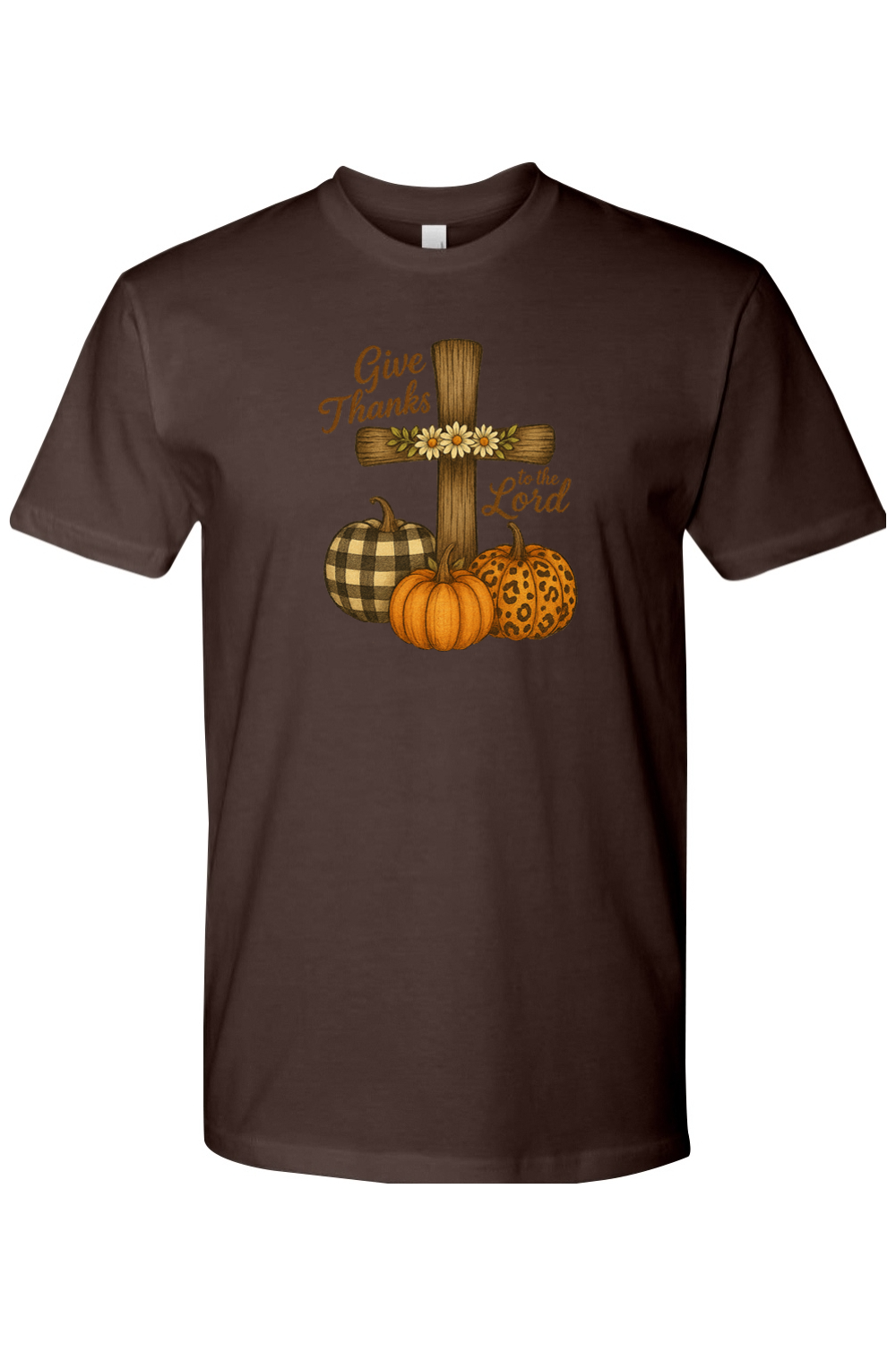Brown Thanksgiving t-shirt with "Give Thanks to the Lord" text with flower cross and plaid leopard print pumpkins design cute trendy Jesus Christian fall short sleeve shirt