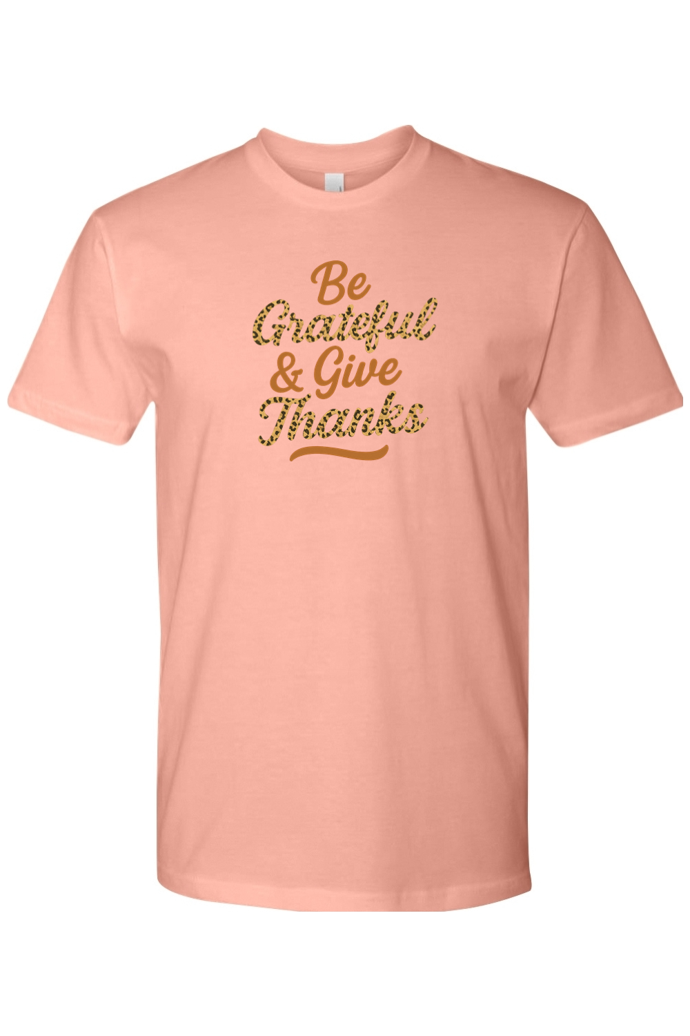 Pink Thanksgiving t-shirt with "Be Grateful & Give Thanks" text in leopard print with a wavy line design underneath cute trendy fall holiday short sleeve shirt