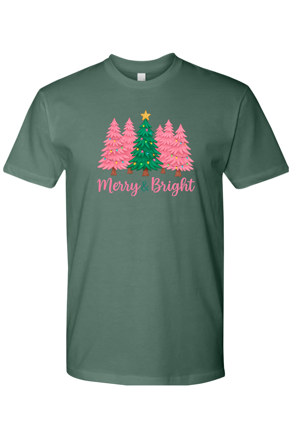 Pine green Christmas t-shirt with pink and green Christmas trees design with text "Merry & Bright" cute trendy festive holiday short sleeve shirt