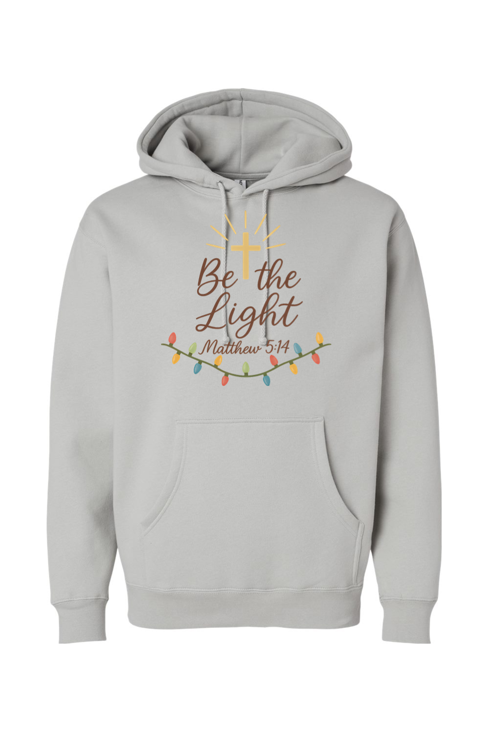 Gray Christmas hoodie with "Be the Light Matthew 5:14" text and a cross Christmas lights design cute trendy religious God Jesus Christian holiday long sleeve hooded sweatshirt
