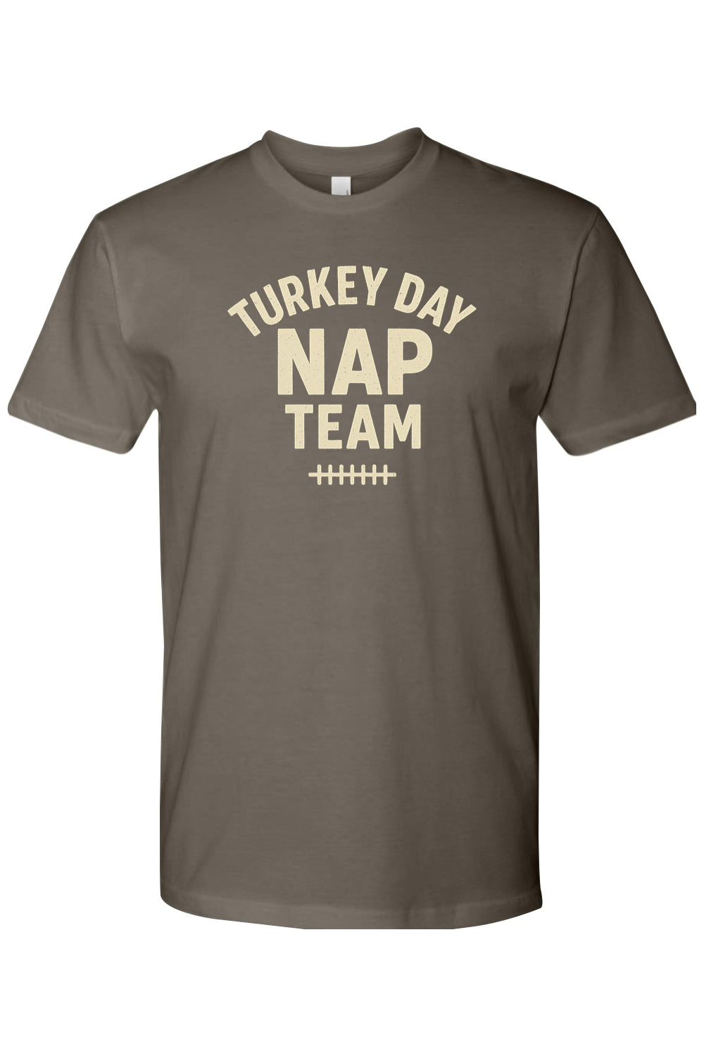 Grey gray Thanksgiving t-shirt with "Turkey Day Nap Team" text with football laces design funny fall holiday short sleeve shirt