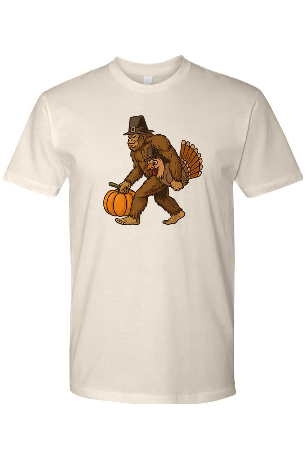 Cream beige Thanksgiving t-shirt with bigfoot sasquatch holding a pumpkin and a turkey design funny humor fall holiday short sleeve shirt