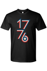 Black t-shirt with a retro '1776' design featuring a star on a white background