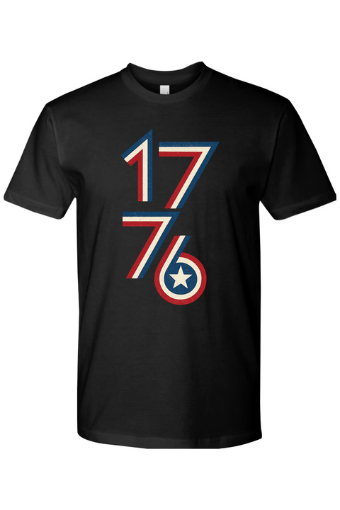 Black t-shirt with a retro '1776' design featuring a star on a white background