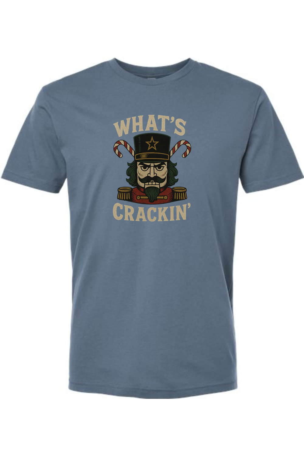 Blue Christmas t-shirt with "What's Crackin'" text and a masculine nutcracker candy cane design funny manly holiday humor short sleeve shirt