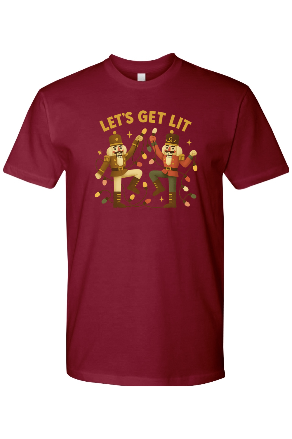 Burgundy Christmas shirt with "Let's Get Lit" text with two nutcrackers holding up Christmas lights funny holiday humor short sleeve shirt