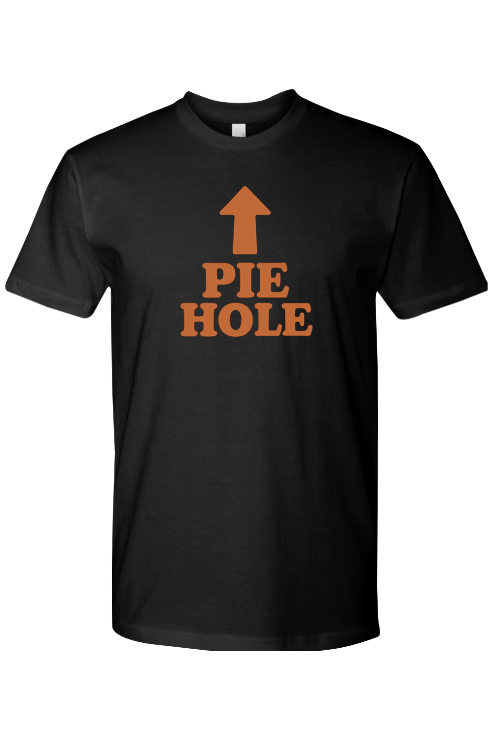 Black Thanksgiving t-shirt with "Pie Hole" text and and arrow design pointing upwards to the neckline of the shirt funny humor fall holiday short sleeve shirt