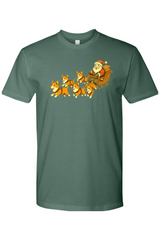 Pine green Christmas t-shirt with Santa on a sleigh with corgi dogs pulling it cute funny holiday short sleeve shirt