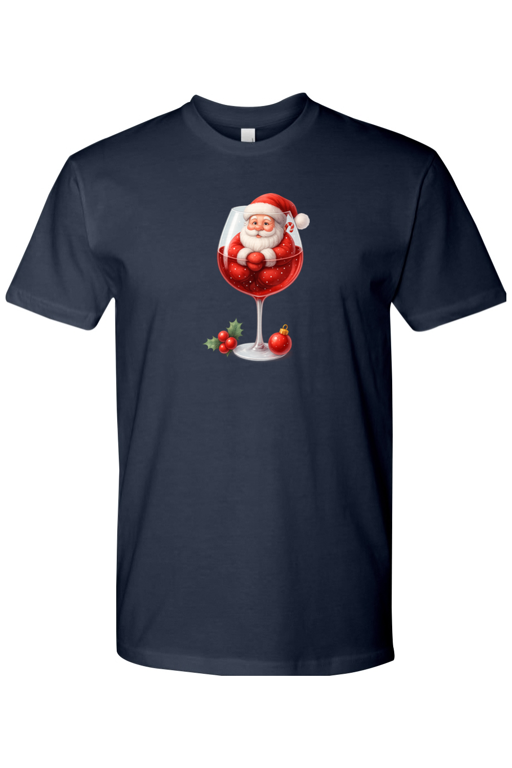 Navy Blue Christmas t-shirt with Santa sitting in a wine glass with a holly and ornament design cute festive holiday short sleeve shirt