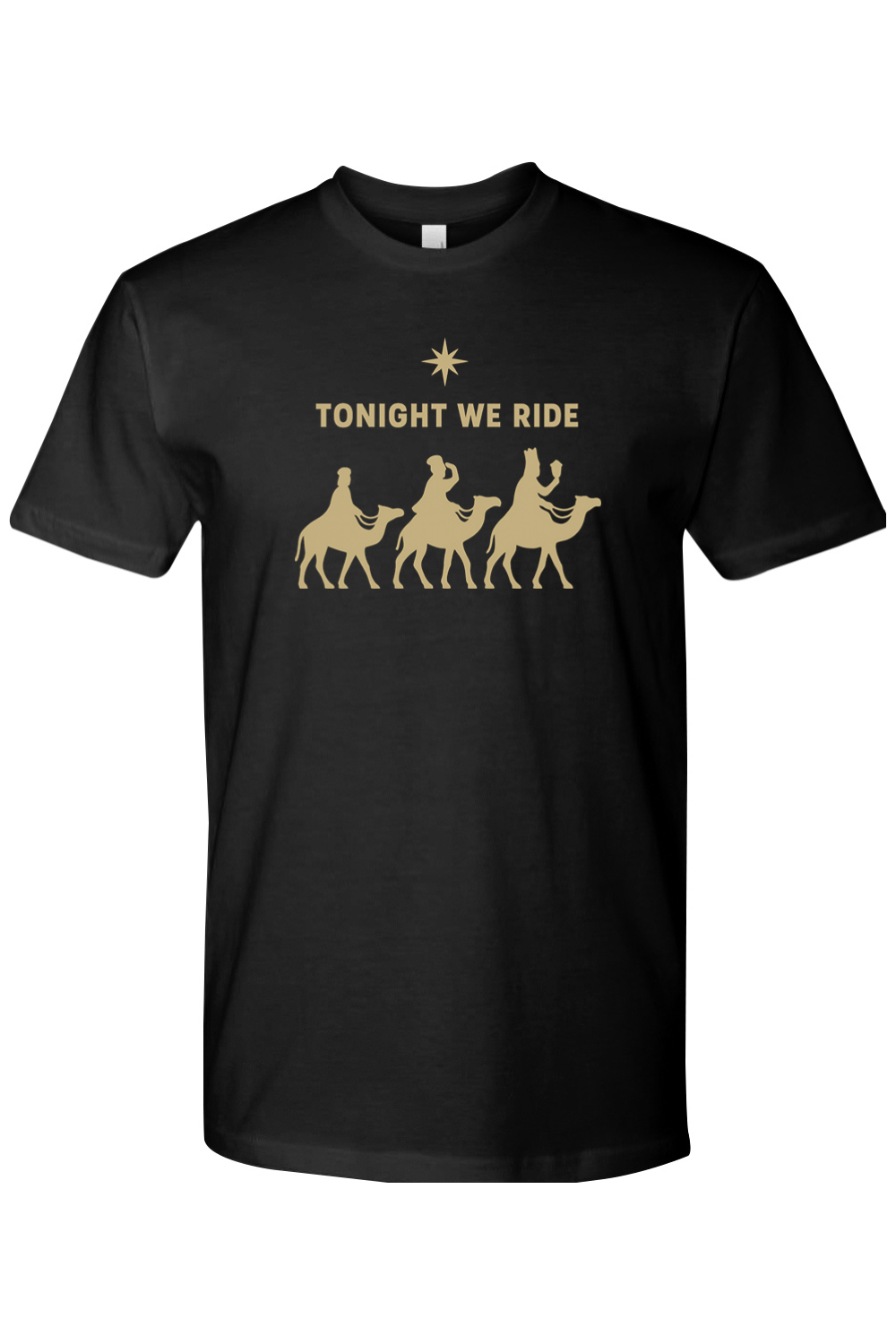 Black religious Christmas t-shirt with "Tonight We Ride" text and three wise men riding camels and a star design Jesus God Christian holiday short sleeve shirt