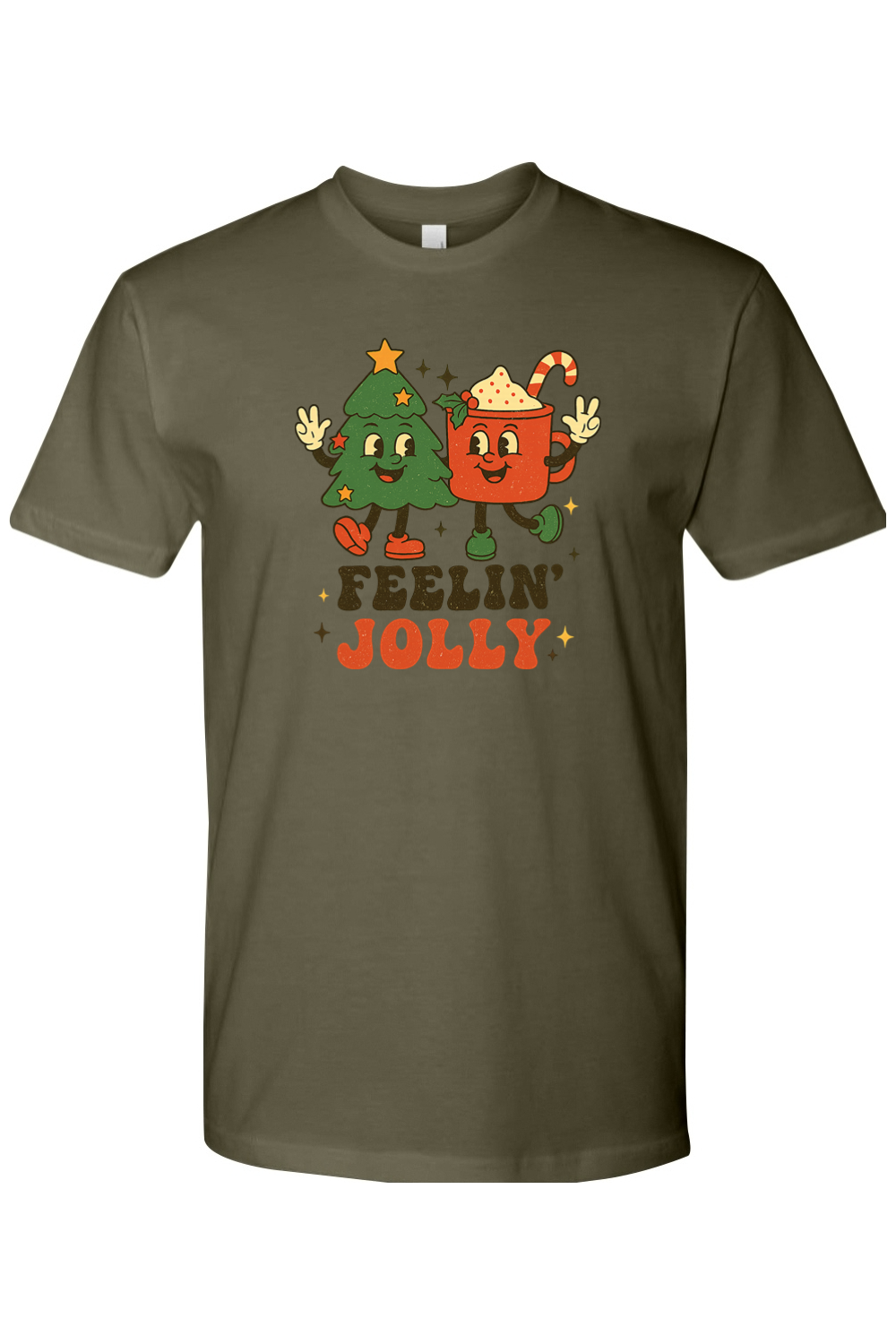 Dark olive green Feeling Jolly text with retro Christmas Tree and Hot Cocoa design t-shirt cute trendy holiday short sleeve shirt