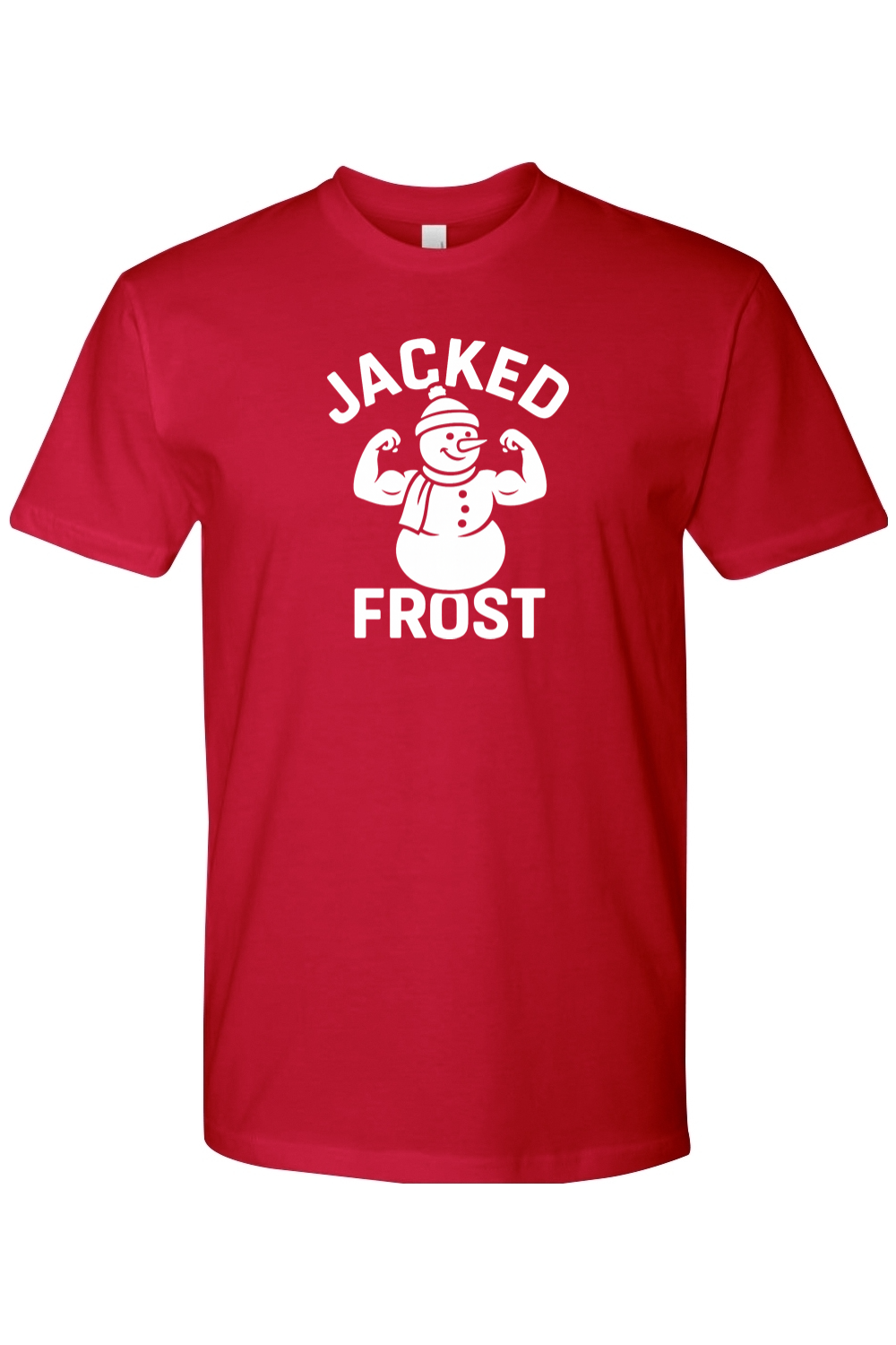 Red Christmas t-shirt with "Jacked Frost" text in white with a muscular snowman flexing his biceps design funny gym humor festive holiday short sleeve shirt