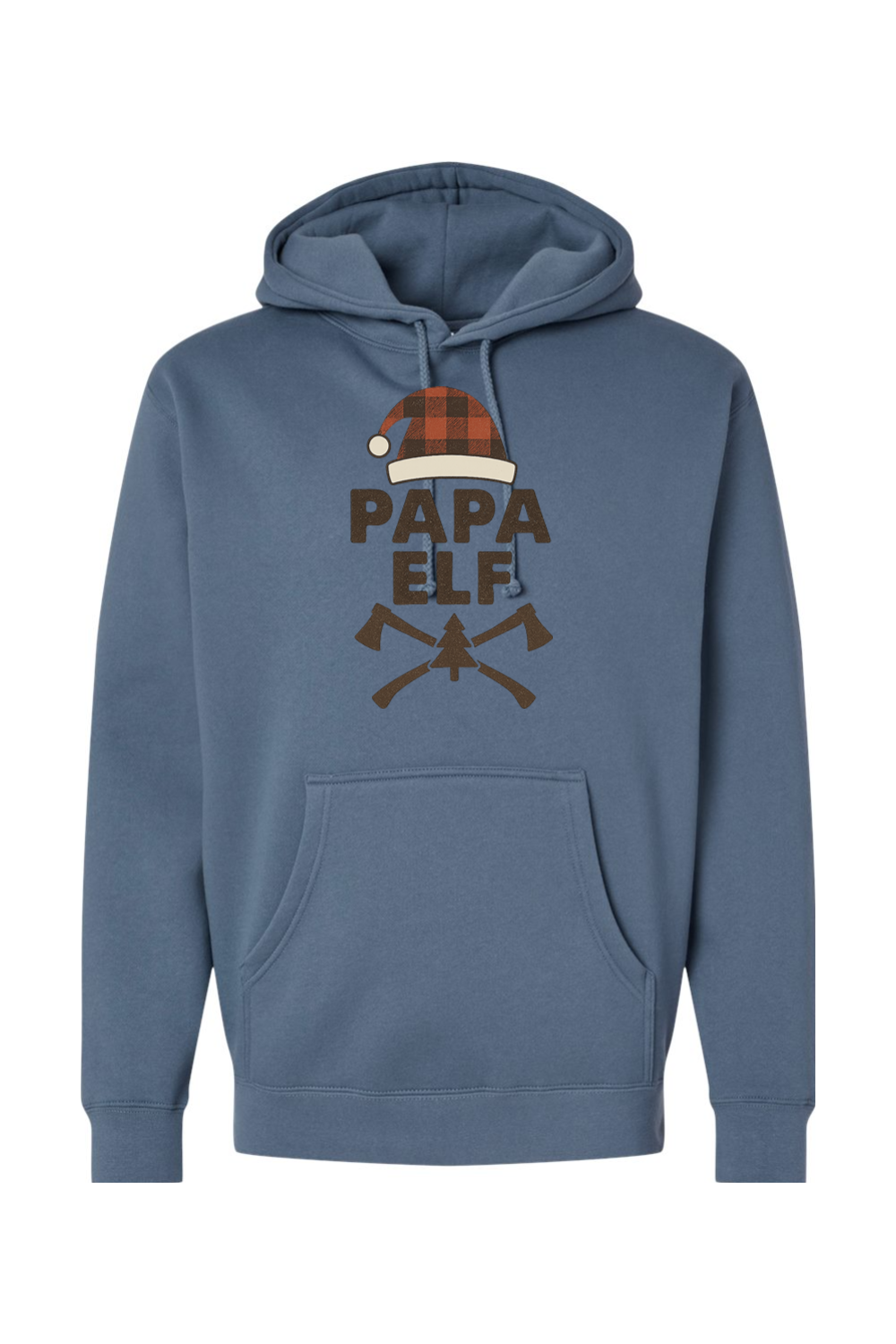 Blue Christmas hoodie with "Papa Elf" text with a plaid elf hat and pine tree and axe design festive men's holiday long sleeve hooded sweatshirt