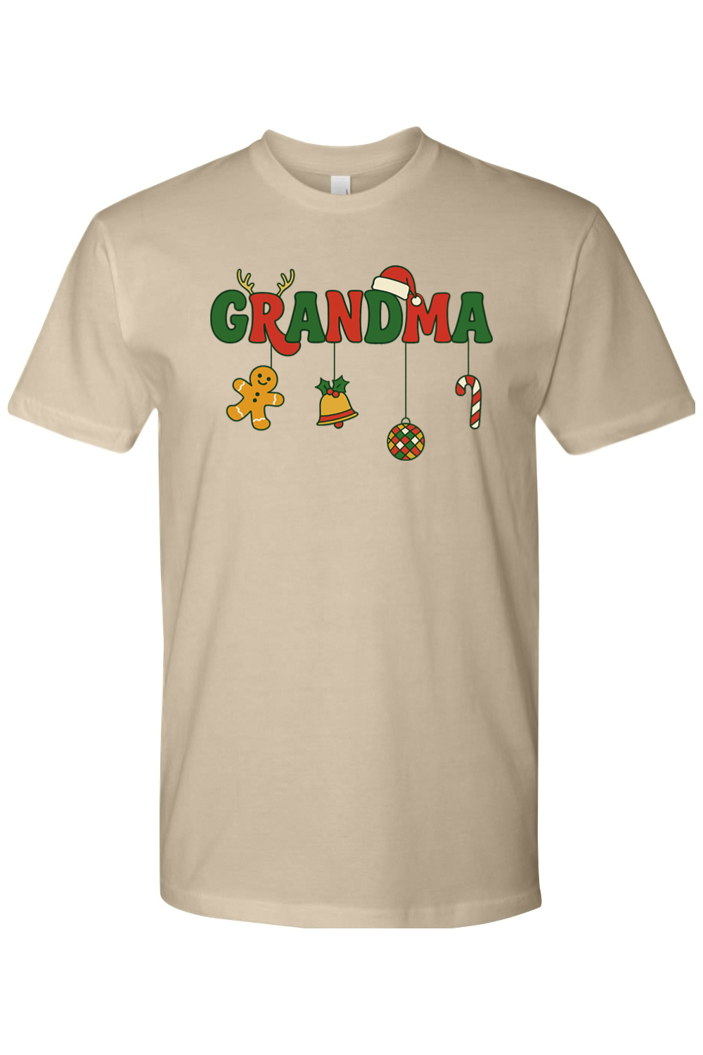 Dark beige Christmas t-shirt with "Grandma" text with gingerbread, bell, disco ball, and candy cane ornaments hanging off the letters cute festive grandma grandmother holiday short sleeves shirt
