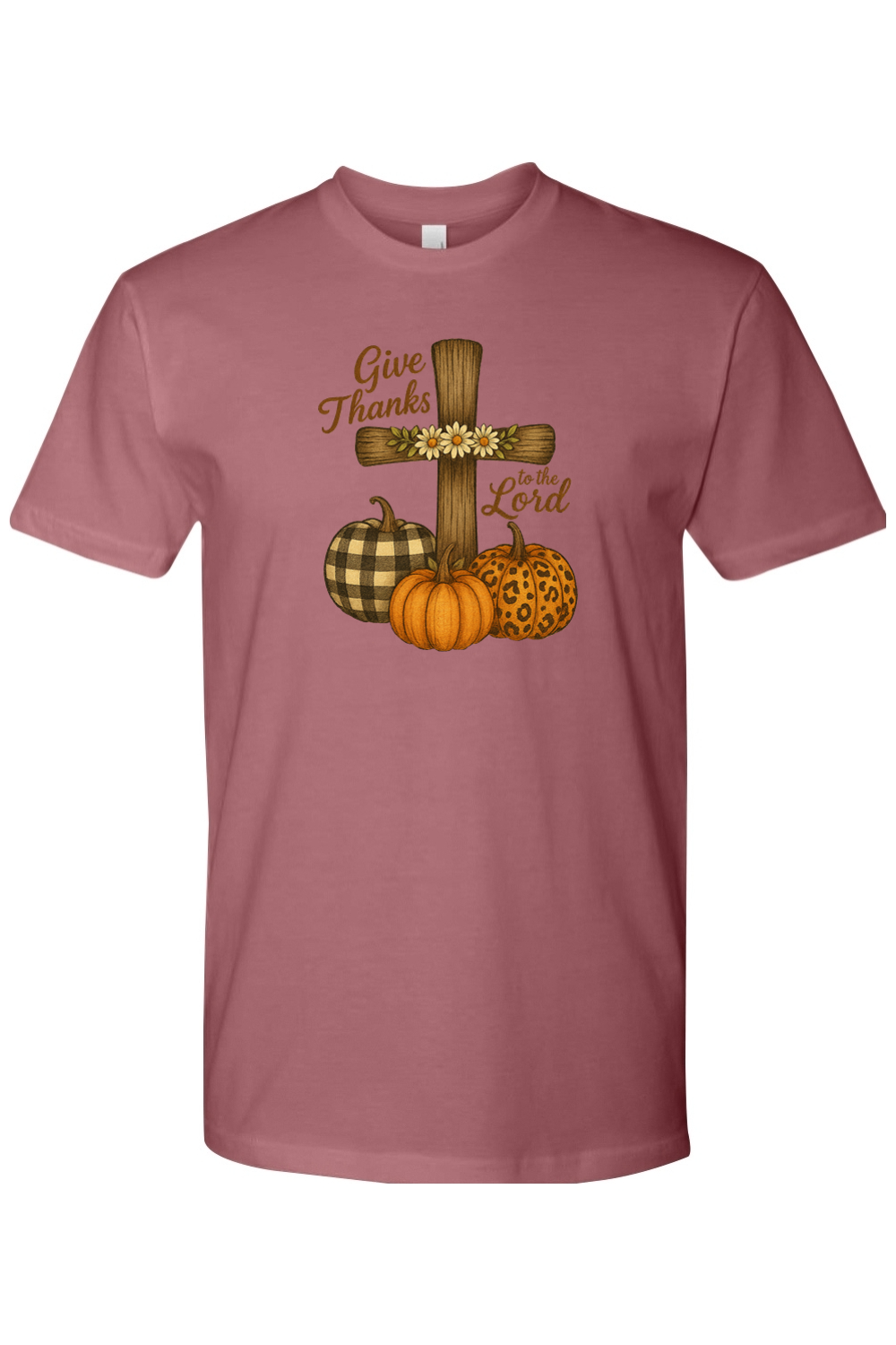 Mauve dark pink Thanksgiving t-shirt with "Give Thanks to the Lord" text with flower cross and plaid leopard print pumpkins design cute trendy Jesus Christian fall short sleeve shirt