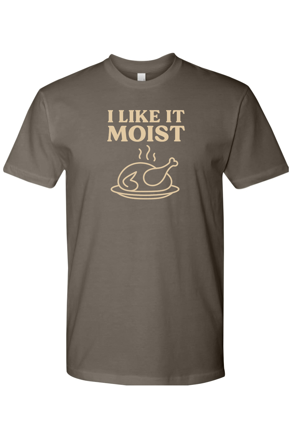 Grey gray Thanksgiving t-shirt with "I Like It Moist" text and turkey design funny edgy sarcastic humor fall holiday short sleeve shirt