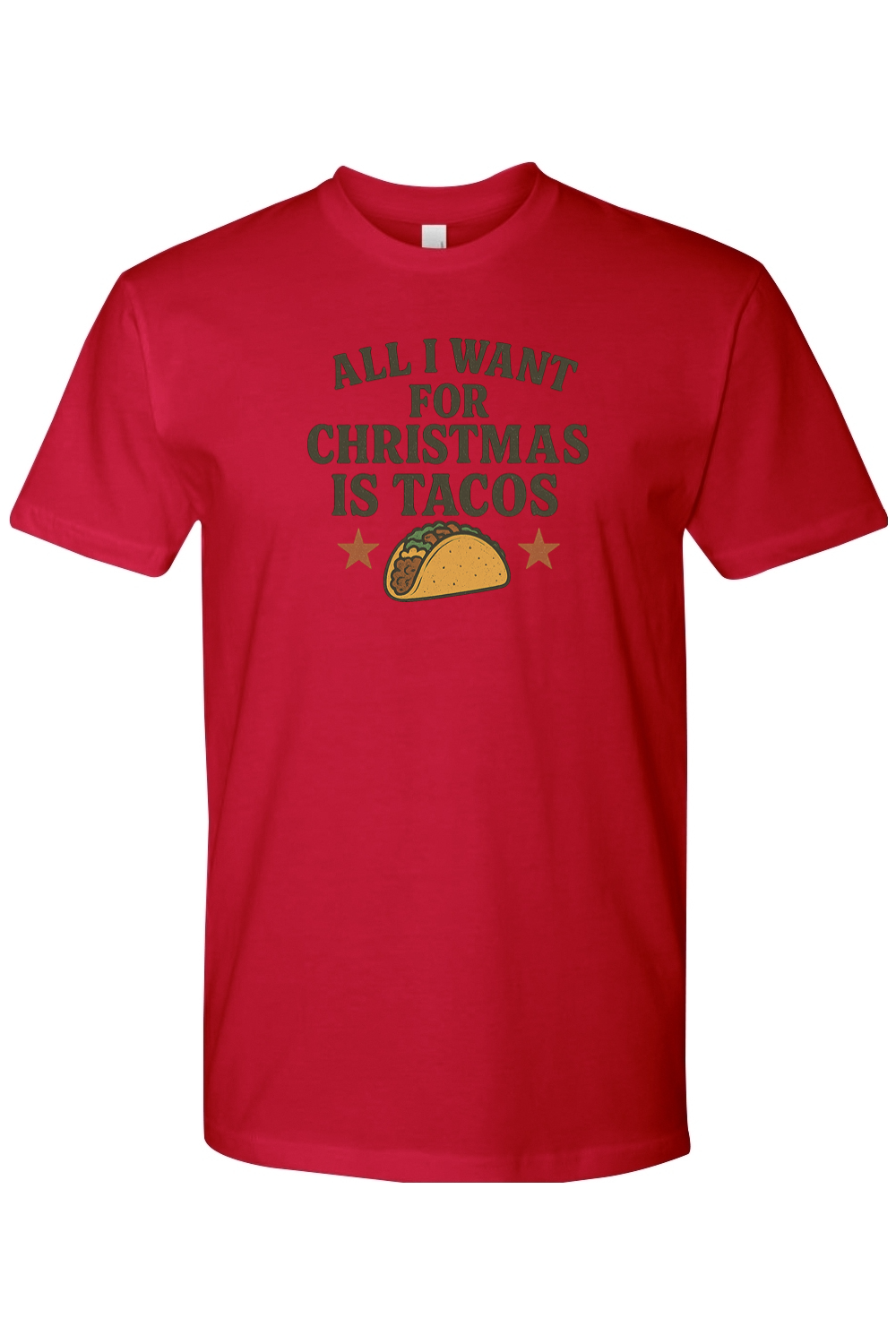 Red Christmas t-shirt with "All I Want for Christmas is Tacos" text with taco and stars design funny humor festive holiday short sleeve shirt