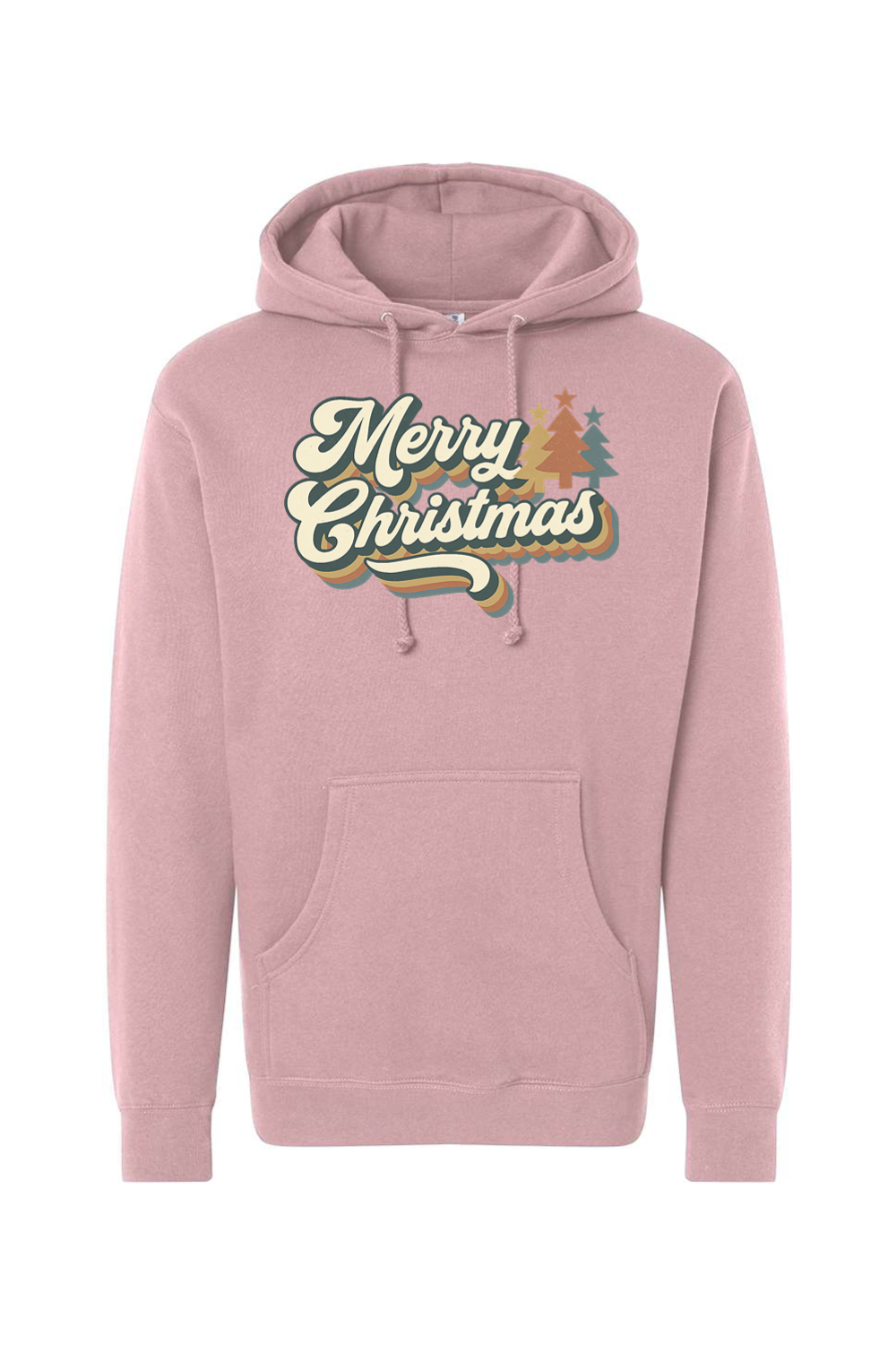 Pink Christmas hoodie with "Merry Christmas" text in retro bubble font and Christmas trees design cute trendy festive holiday long sleeve hooded sweatshirt