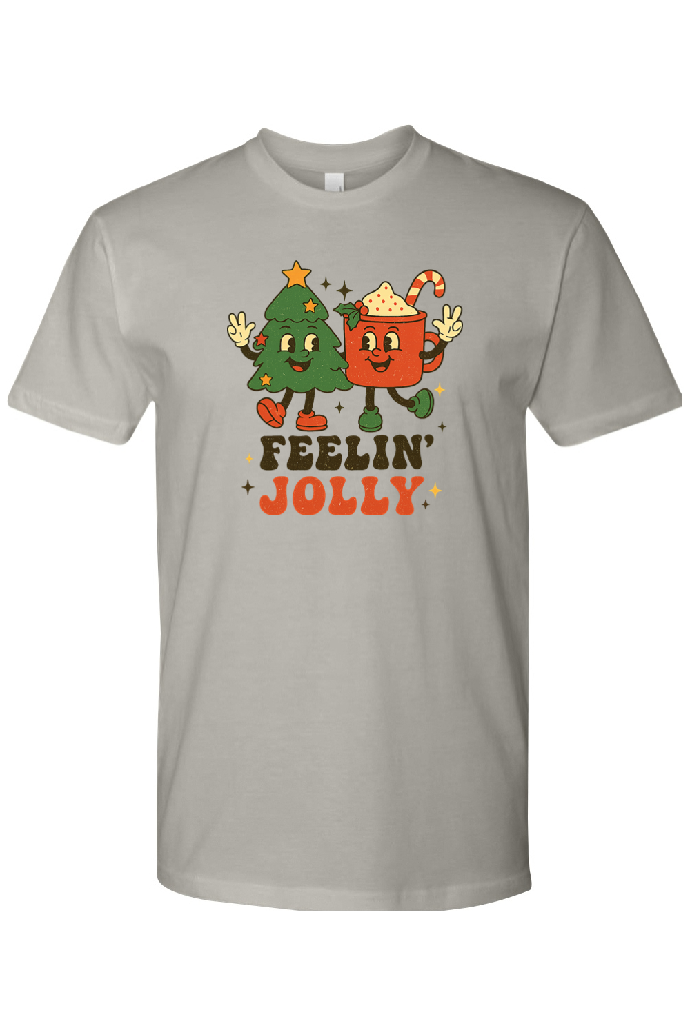 Gray grey Feeling Jolly text with retro Christmas Tree and Hot Cocoa design t-shirt cute trendy holiday short sleeve shirt