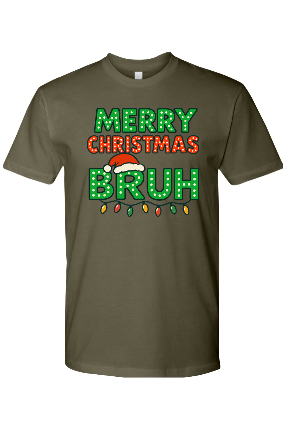 Olive green Christmas t-shirt with "Merry Christmas Bruh" text with a Santa hat and Christmas lights design funny holiday humor short sleeve shirt