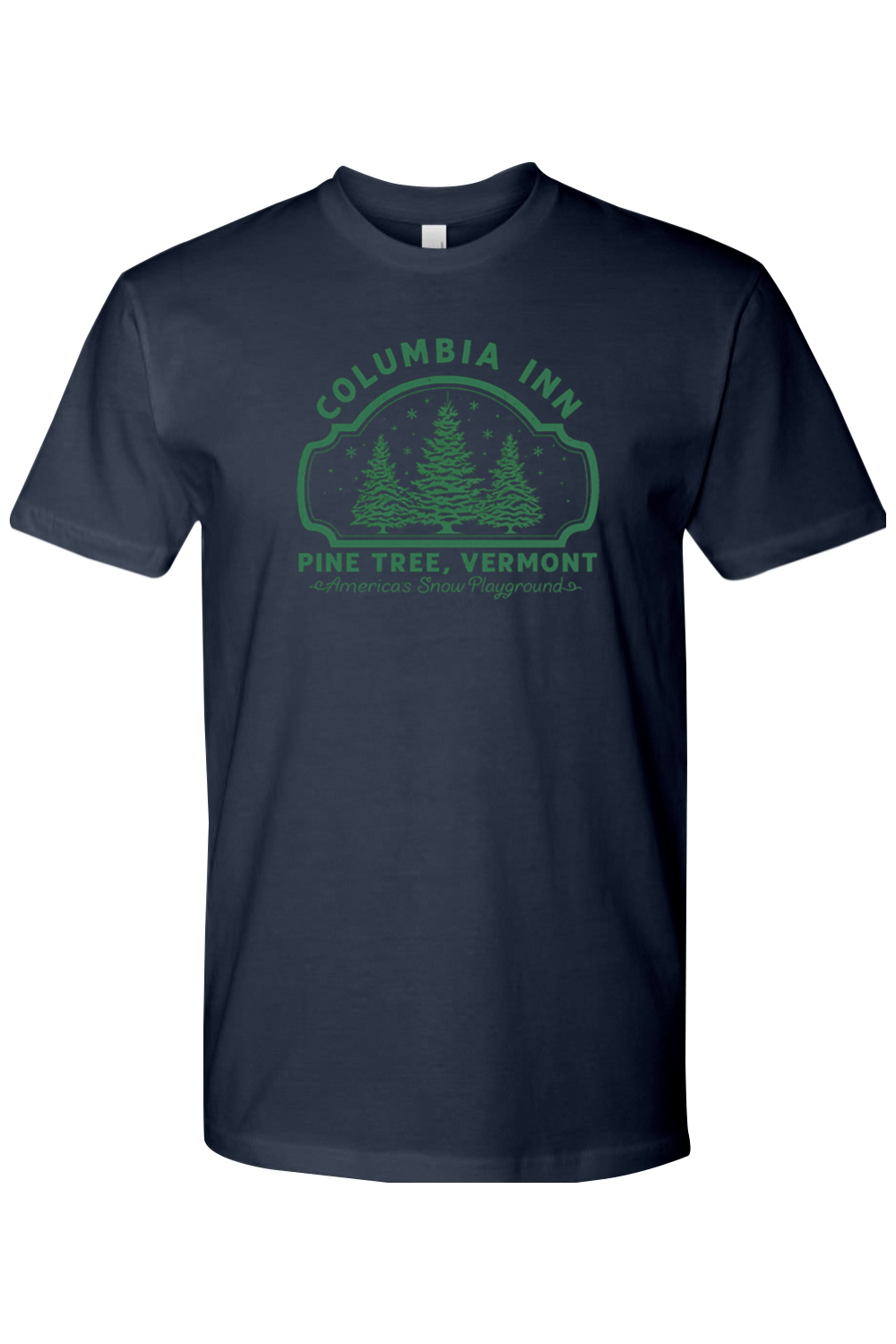 Navy blue Christmas t-shirt with "Columbia Inn Pine Tree, Vermont America's Snow Playground" text in green with a pine tree snow design trendy festive holiday short sleeve shirt