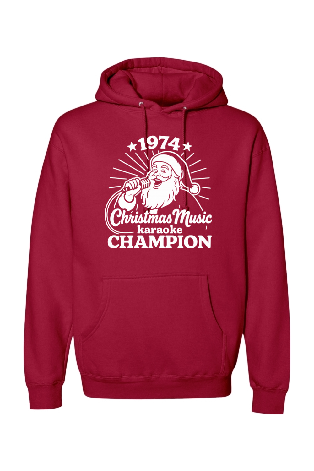 Red Christmas hoodie with "1974 Christmas Music Karaoke Champion" text in white with Santa singing design funny holiday humor long sleeve hooded sweatshirt