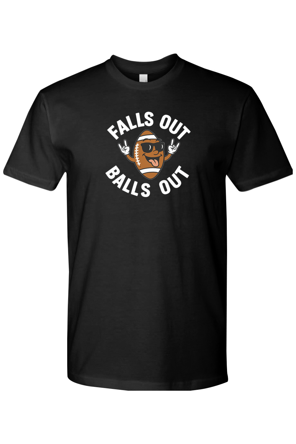 Black Thanksgiving t-shirt with "Falls Out Balls Out" text in white with a football in sunglasses sticking out his tongue and hands in the rock pose design funny fall humor holiday short sleeve shirt