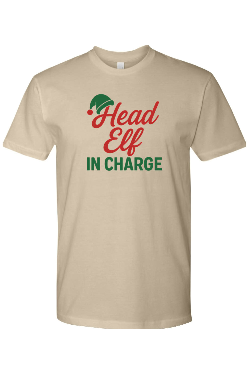 Dark beige Christmas t-shirt with "Head Elf in Charge" text with an elf hat sitting on top of the H funny sarcastic holiday humor short sleeve shirt
