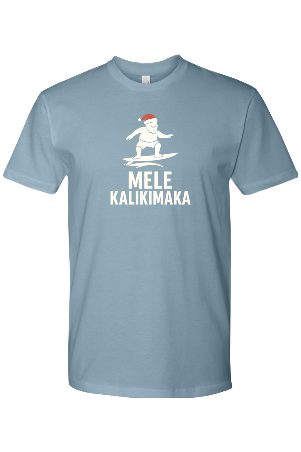 Blue Christmas t-shirt with Santa surfing and "Mele Kalikimaka" text funny Hawaiian Christmas surf holiday short sleeve shirt