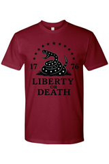 Red t-shirt with black graphic of a snake with the phrase'Liberty or Death' 