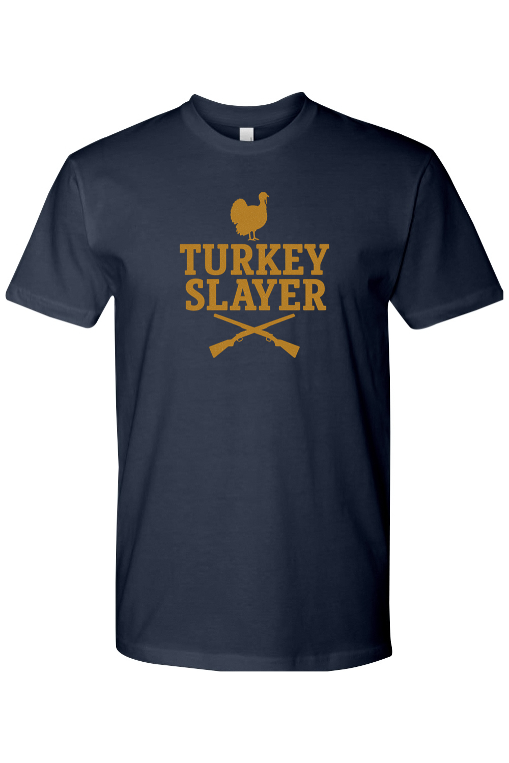 Navy blue Thanksgiving t-shirt with "Turkey Slayer" text and turkey hunting design funny fall hunter holiday short sleeve shirt