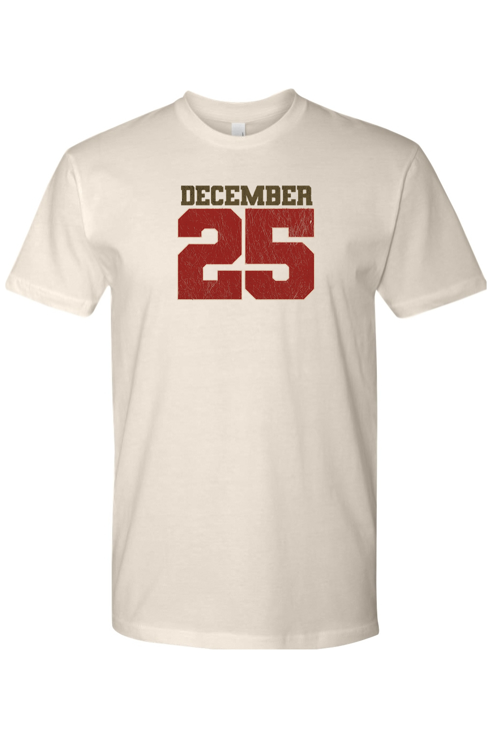 Cream Christmas t-shirt with "December 25" text cool trendy festive holiday short sleeve shirt