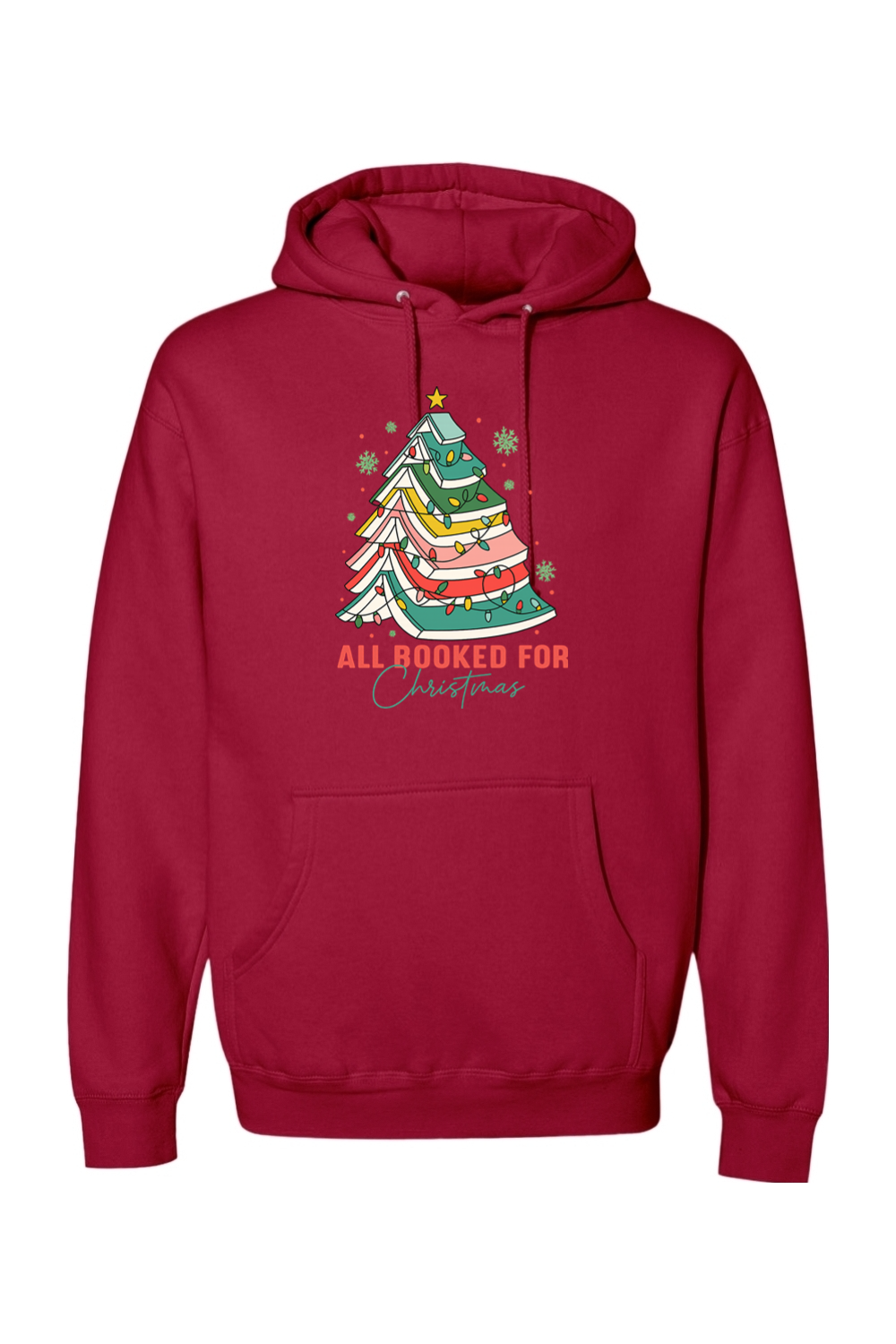 Red Christmas hoodie with "All Booked For Christmas" text and a Christmas tree made out of books design cute trendy book lover librarian festive holiday long sleeve hooded sweatshirt