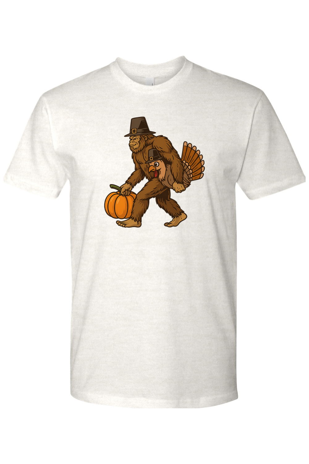 Light cream Thanksgiving t-shirt with bigfoot sasquatch holding a pumpkin and a turkey design funny humor fall holiday short sleeve shirt