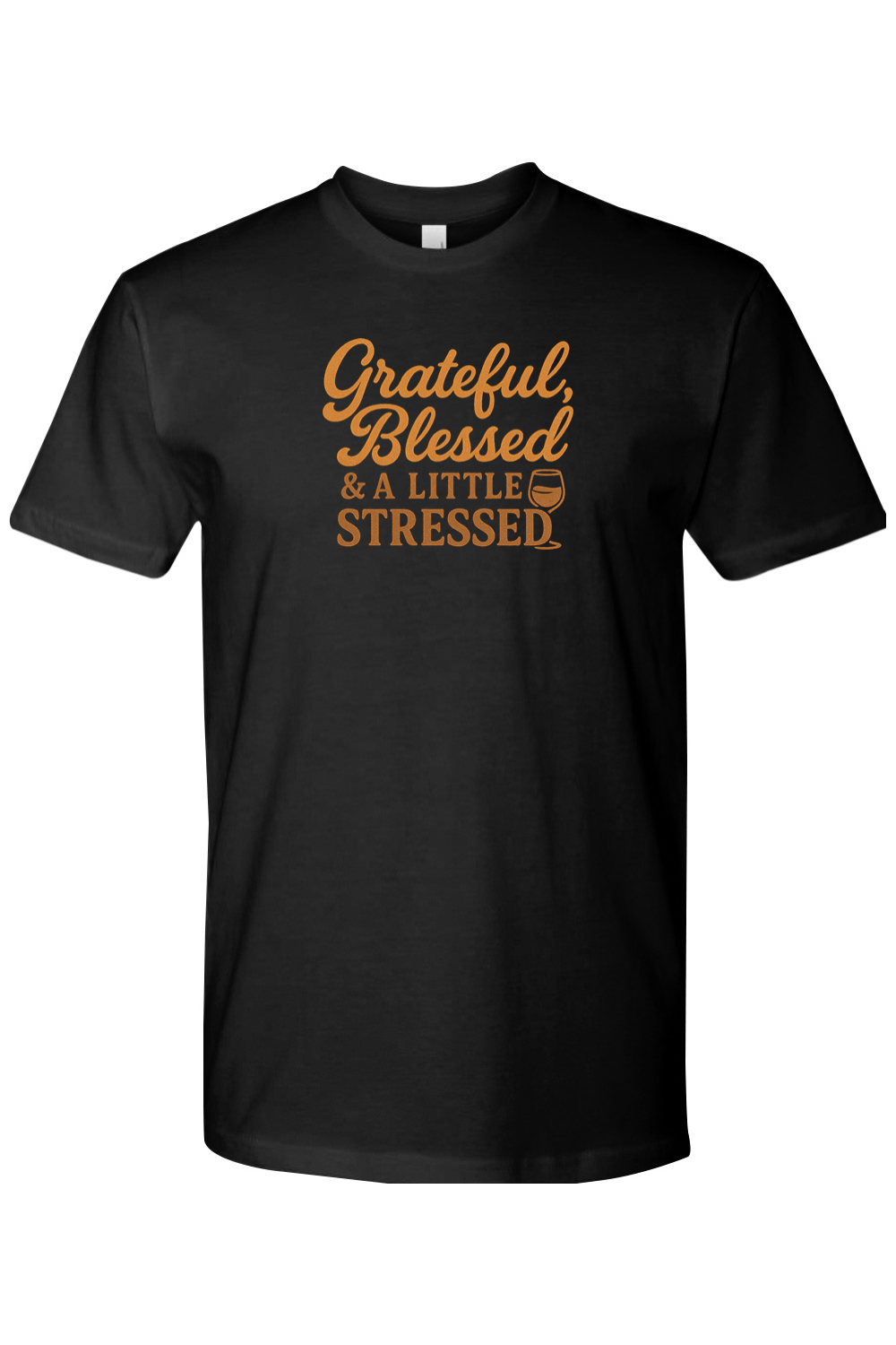 Black Thanksgiving t-shirt with "Grateful, Blessed, & A Little Stressed" text with a wine glass design funny trendy fall holiday short sleeve shirt