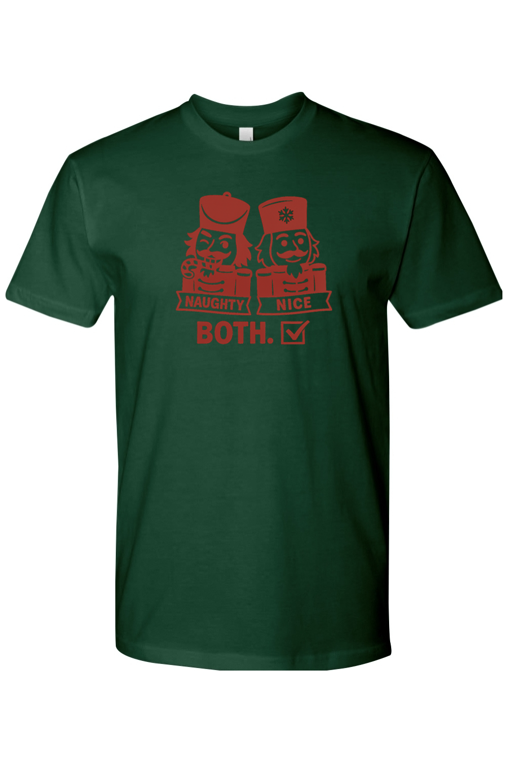 Dark green funny Christmas t-shirt with "Naughty Nice Both" text with a naughty looking nutcracker and a nice looking nutcracker design holiday humor short sleeve shirt