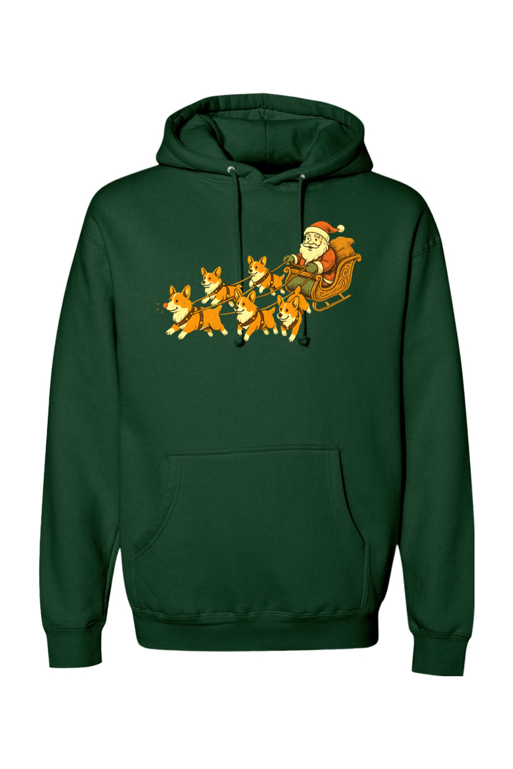 Dark green Christmas hoodie with Santa on a sleigh with corgi dogs pulling it cute funny holiday long sleeve hooded sweatshirt