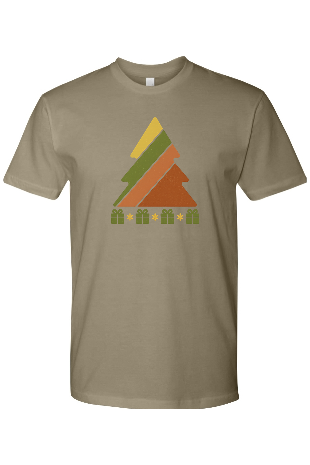 Olive green vintage Christmas t-shirt with a retro striped Christmas tree and presents underneath design cool trendy holiday short sleeve shirt