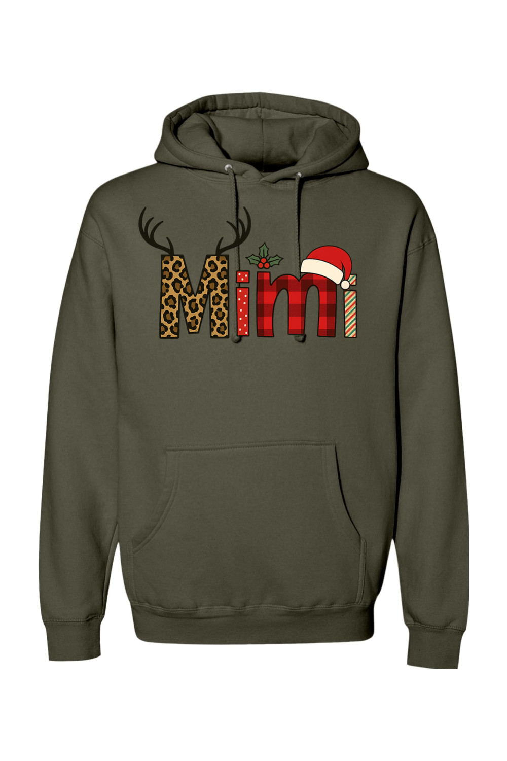 Olive green Christmas hoodie with "Mimi" text antler design and the letters filled with leopard print, plaid, polka dots, and stripes cute grandma festive holiday long sleeve hooded sweatshirt