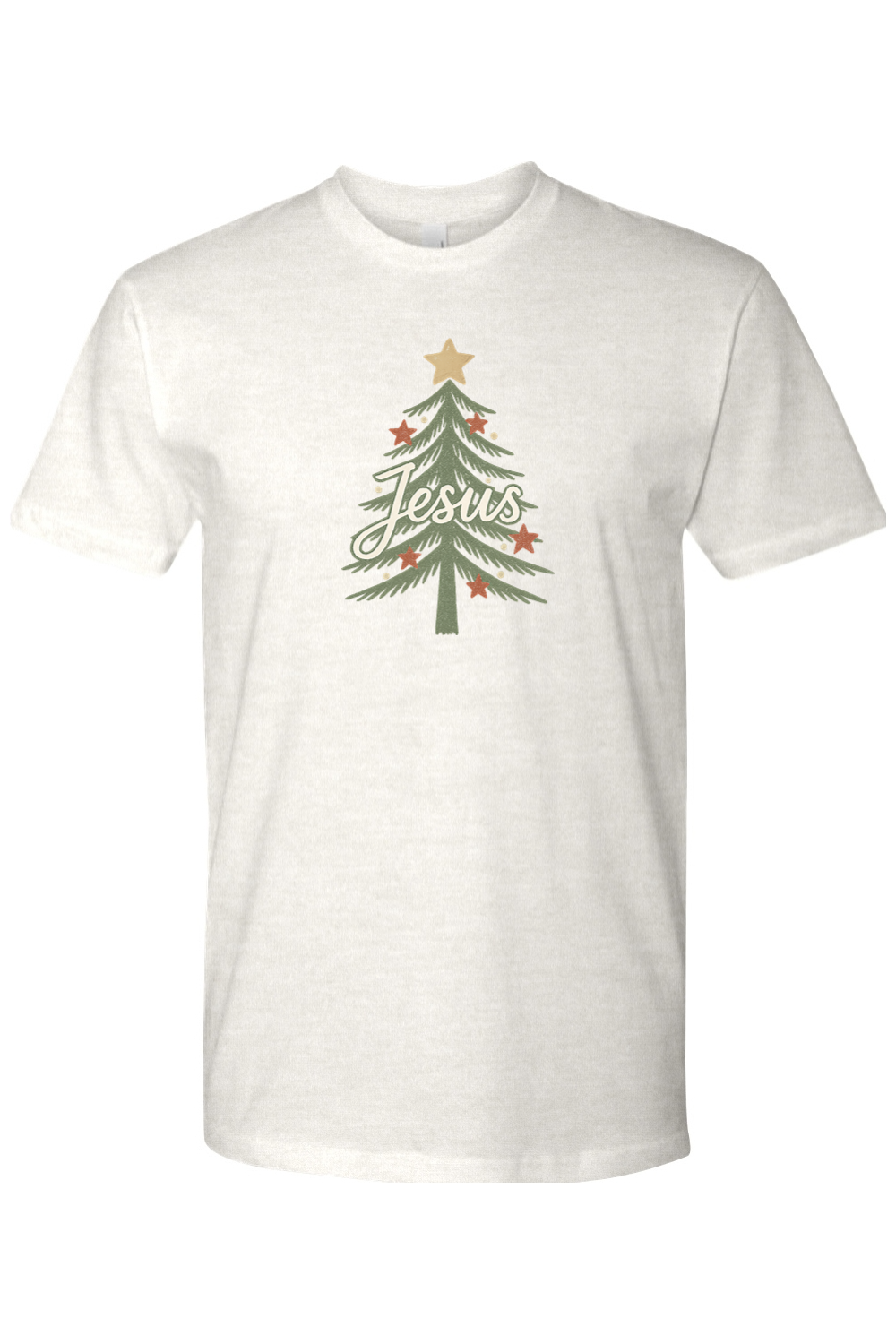Light cream Christmas t-shirt with "Jesus" text in a Christmas tree design cute trendy religious Christian God holiday short sleeve shirt